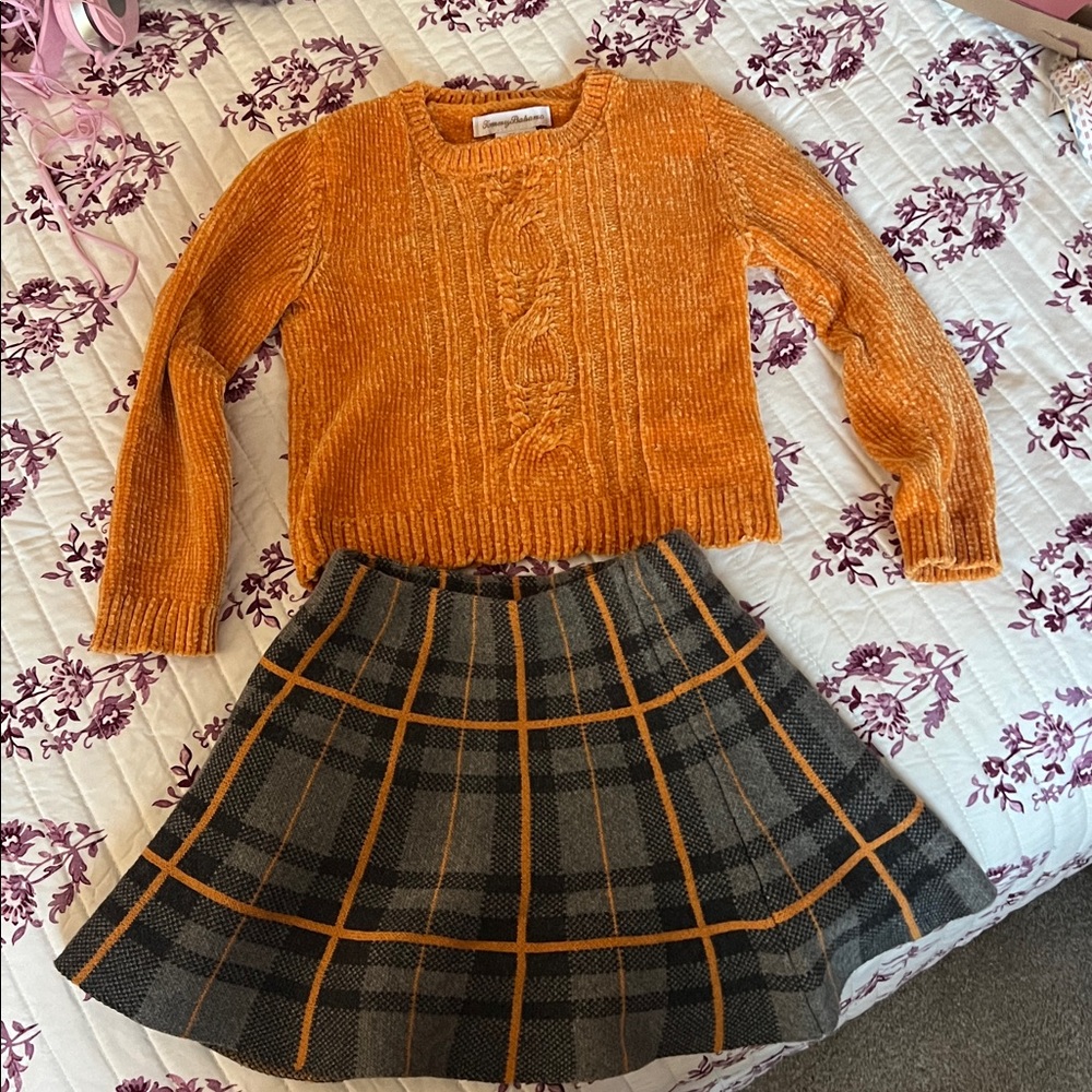 Orange Cable Knit Sweater and Plaid Skirt Set
